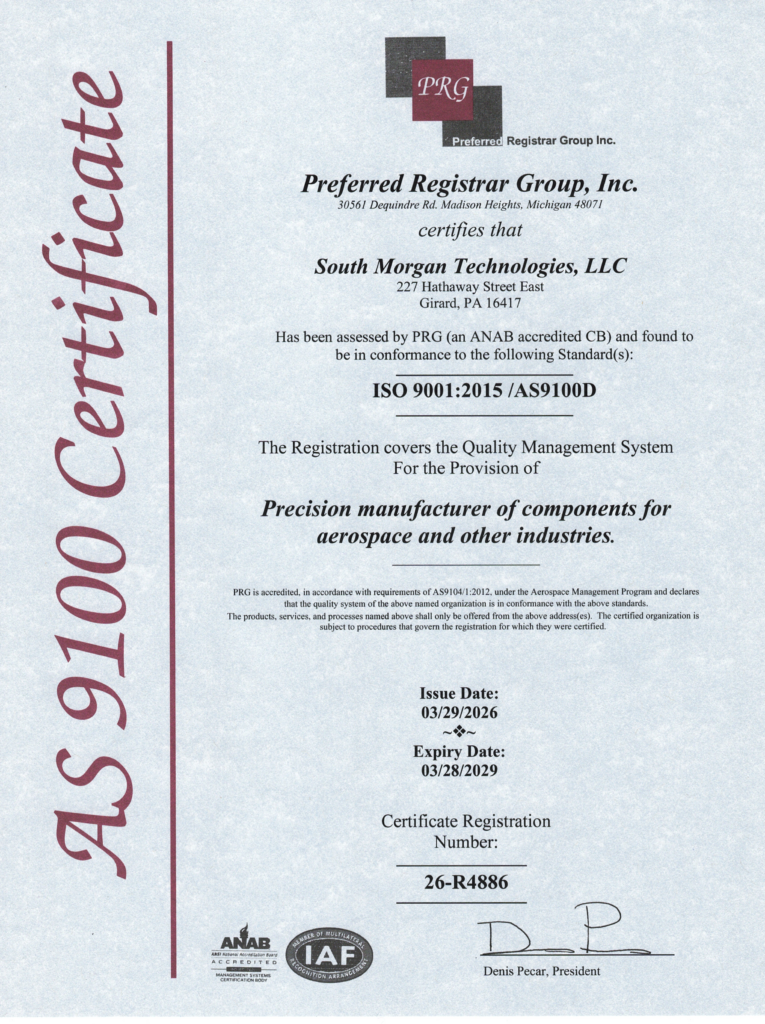 Copy of South Morgan Technologies' AS9100 Certificate